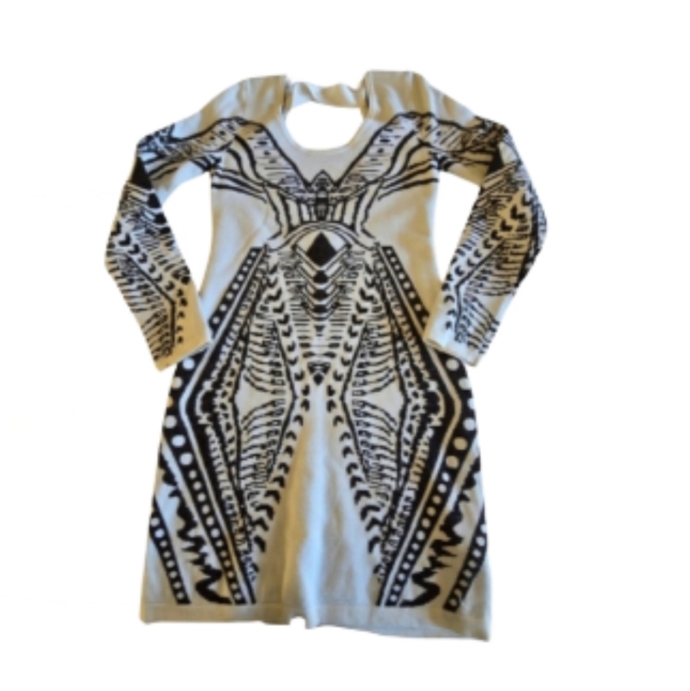 WOW Couture Sweater Dress Large Bloomingdale's  Black/White Jacquard  Bodycon